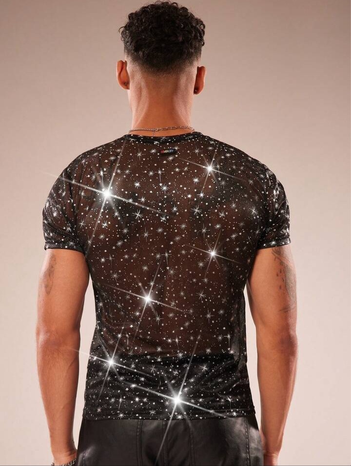Men's Mesh Sheer Glitter Round Neck T-Shirt